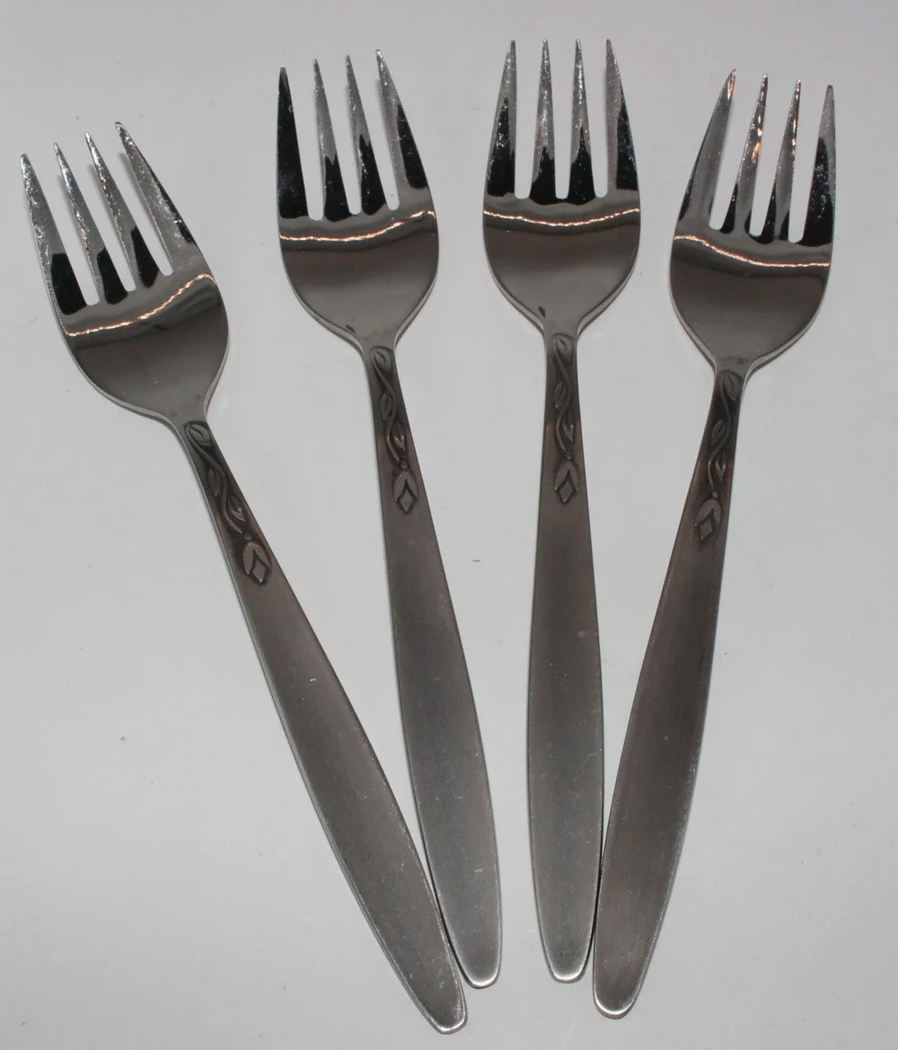 Vintage Set of 4 Amefa Tulip Time pattern stainless salad forks Holland 5 7/8